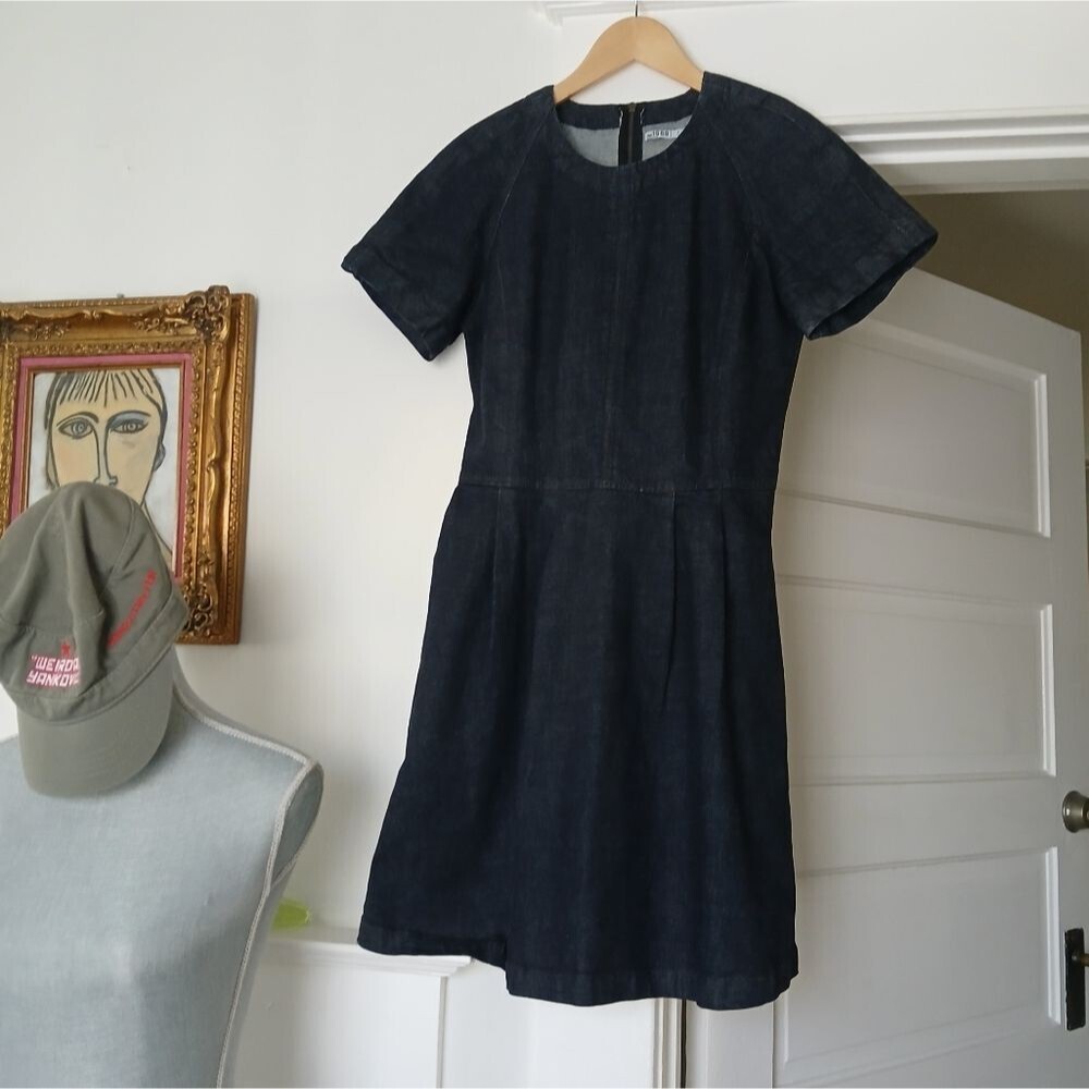 GAP Chambray Fit-and-Flare Dress Indigo Blue Cap Sleeves Pockets Mini Zip Back - Picture 8 of 11